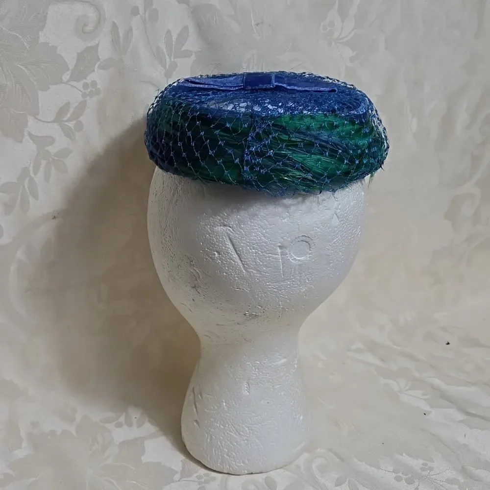 Vintage Blue and Green Feathered Netted Women's Hat with Bow